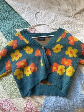 Cider Teal V-Neck Cardigan Sweater with Yellow & Orange Floral Print
